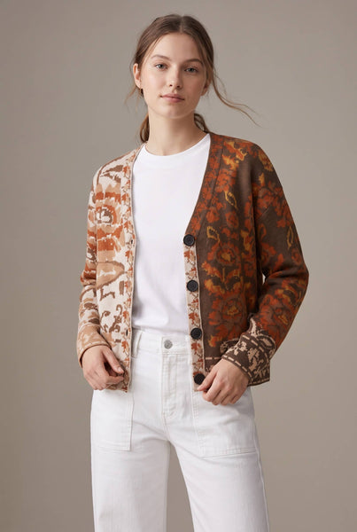 Mixed Floral Jacquard Cardigan: RUST