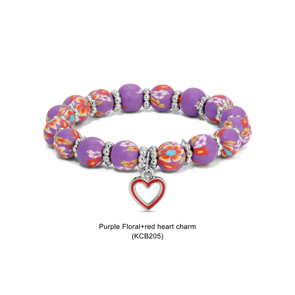 Kids Clay Beaded Stretch Charm Bracelets : Cherry & White (KCB216G) - Lulu Bella Boutique