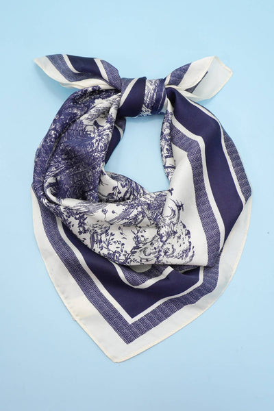 LARGE FLORAL TOILE PRINT BANDANA SCARF: NAVY