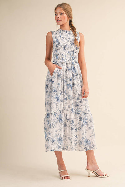EXCLUSIVE FLORAL PRINT SMOCKED MIDI DRESS MDR4633: IVORY BLUE FLORAL / S - Lulu Bella Boutique