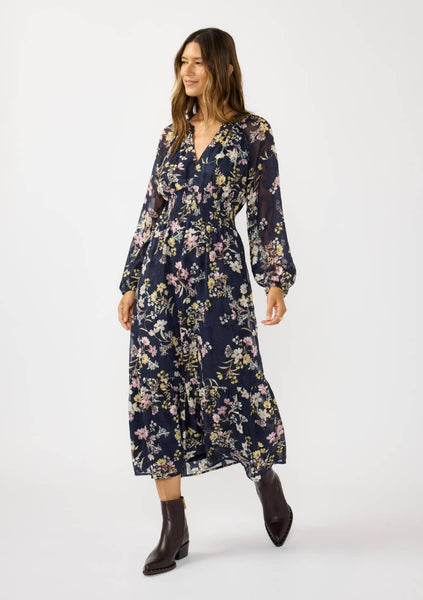 Smocked Waist Ruffle Maxi Dress: NAVY/YELLOW