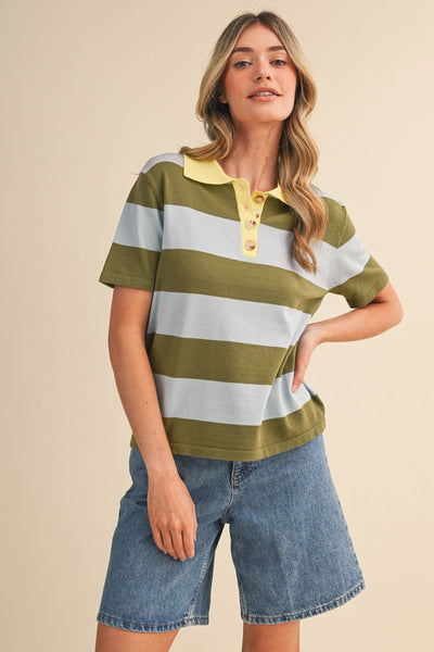 STRIPED SWEATER KNIT SHORT SLEEVE POLO MSW11339: BLUE SAGE / S - Lulu Bella Boutique