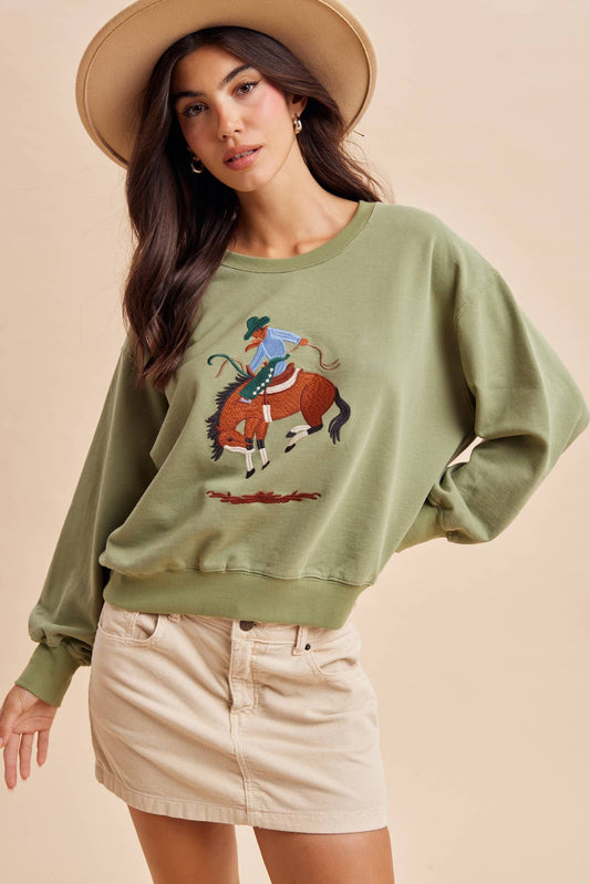 HORSE EMBROIDERED CREWNECK PULLOVER: DUSTY OLIVE