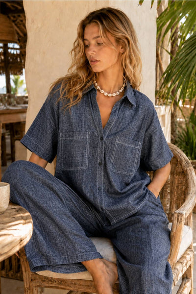 Linen Pocket Camp Shirt: DENIM