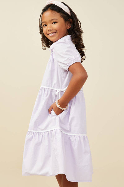 Girls Contrast Piping Ribbon Buttoned Dress: Lavender