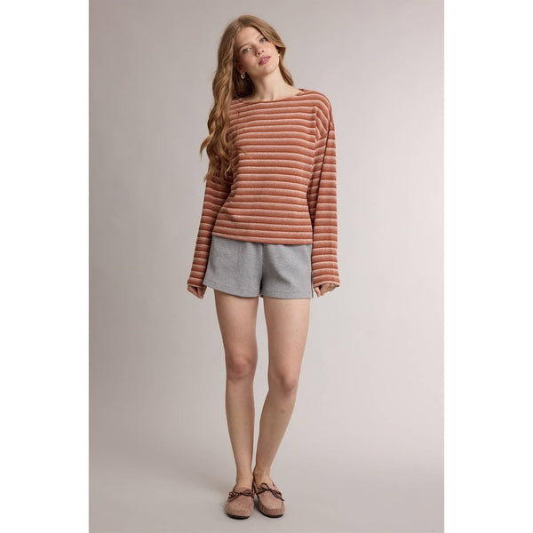 GRADIENT STRIPE RIB KNIT LONG SLEEVE TOP: RUST MULTI