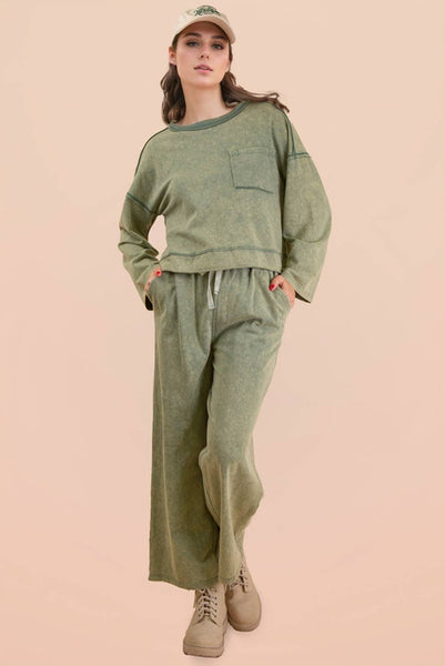 Mineral Washed Casual Knit Top & Pants Set: SAGE