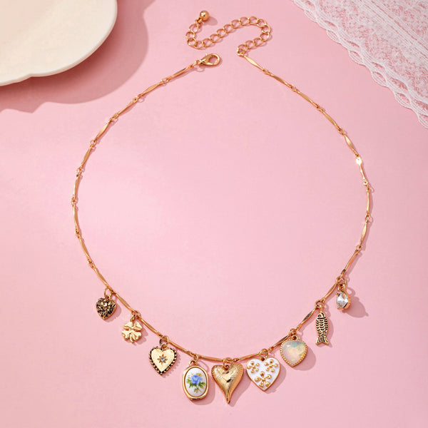 CHARM NECKLACE-HEARTS PORCELAIN FISH RHINESTONE | 80N92690: GOLD - Lulu Bella Boutique
