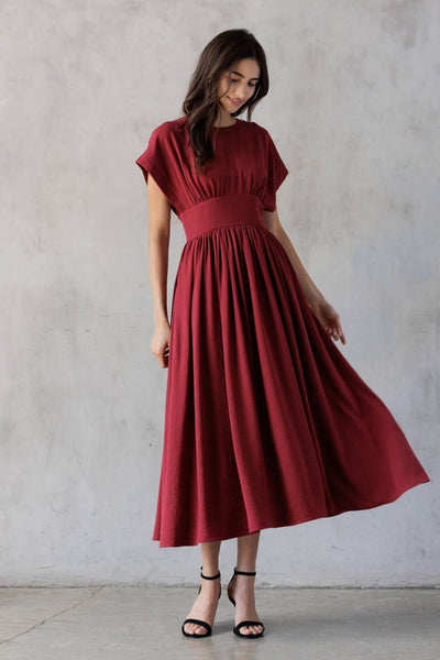 HD2706-1-ELEGANT MIDI DRESS: WINE RED / S - Lulu Bella Boutique