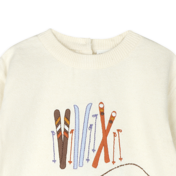 Ski Club Embroidered Baby Knit Pullover (Organic Cotton): Ecru