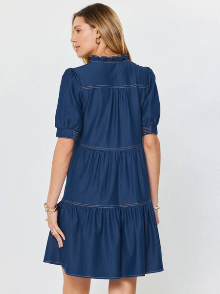 Denim Tiered Short Sleeve Mini Dress: Denim / XS - Lulu Bella Boutique