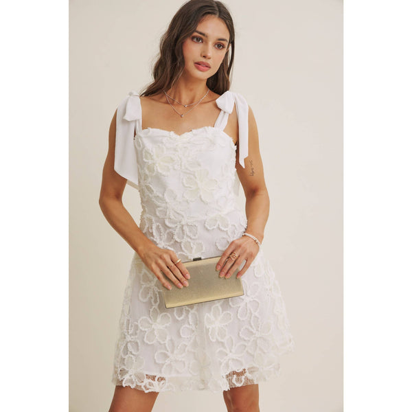 PARIS EVENING LACE FLORAL EMBROIDERY MINI WITH SHOULDER TIE: CREAM / S - Lulu Bella Boutique