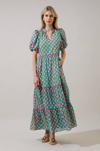 Gercy Abstract Renley Tiered Maxi Dress: GRN-PINK-MUL / XS - Lulu Bella Boutique