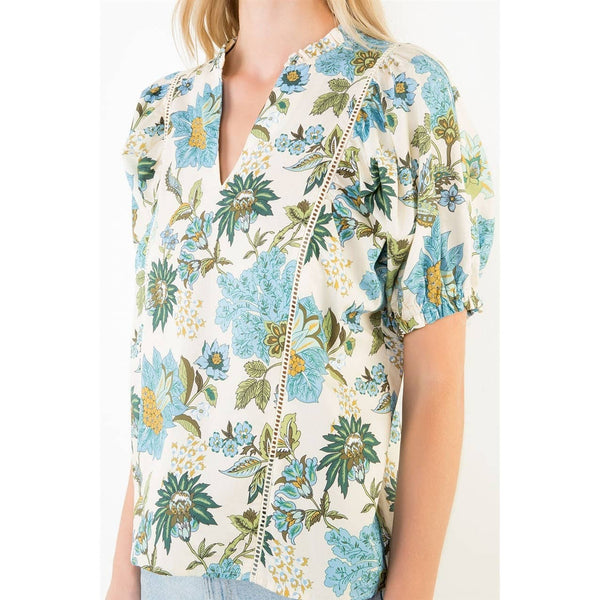 Short Sleeve Floral Lace Trim Top: CREAM / XS-S-M-L(1-2-2-1) - Lulu Bella Boutique