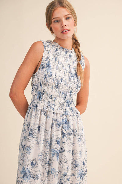 EXCLUSIVE FLORAL PRINT SMOCKED MIDI DRESS MDR4633: IVORY BLUE FLORAL / S - Lulu Bella Boutique