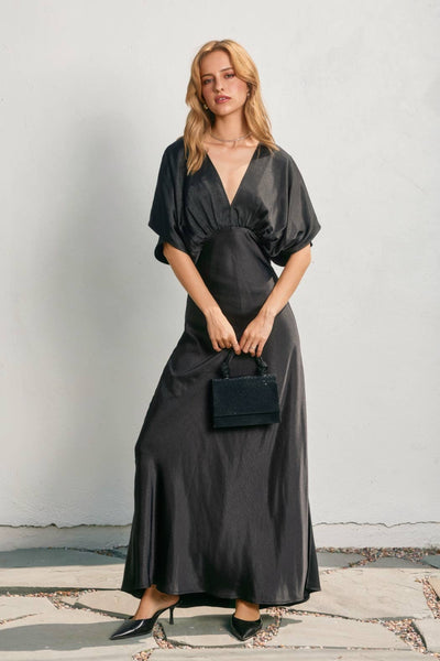 Satin Blouson Maxi Dress: BLACK