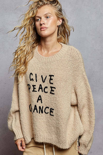 Long sleeve round neck solid words knit sweater top: OATMEAL / S - Lulu Bella Boutique
