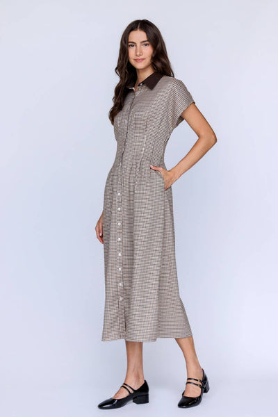 JD9208 - HOUNDSTOOTH COLLARED BUTTON DOWN MIDI DRESS: BROWN/IVORY / S - Lulu Bella Boutique
