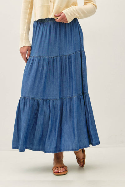 DENIM LOOK TENCEL TIERED MAXI SKIRT : MED WASH - Lulu Bella Boutique