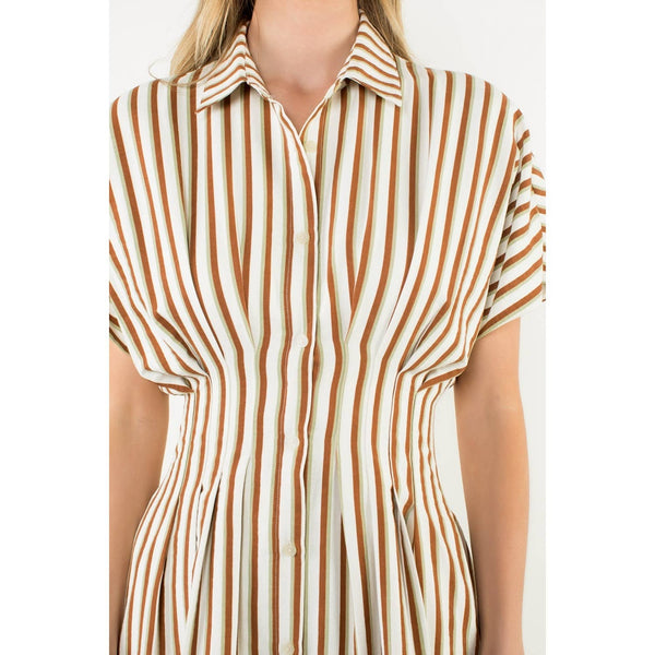 Striped Pintuck Button-Up Maxi Dress: BROWN / XS-S-M-L(1-2-2-1) - Lulu Bella Boutique