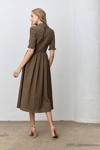 GINGHAM BUTTON UP MIDI DRESS: DARK BROWN/NAVY / S - Lulu Bella Boutique