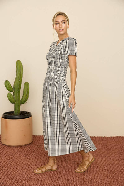 Black Multi Plaid Smocked Midi Dress: BLACK MULTI