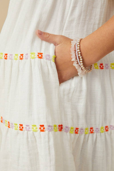 Girls Contrast Floral Lace Trim Ruffle Tank Dress: Off White / S - Lulu Bella Boutique