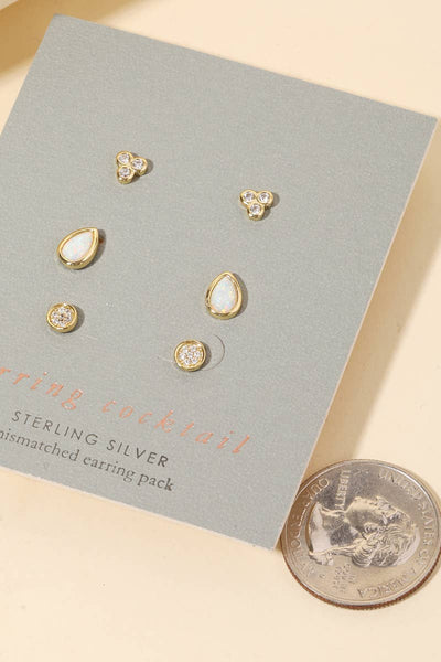 Sterling Silver Three Pair Stud Earring Set: G