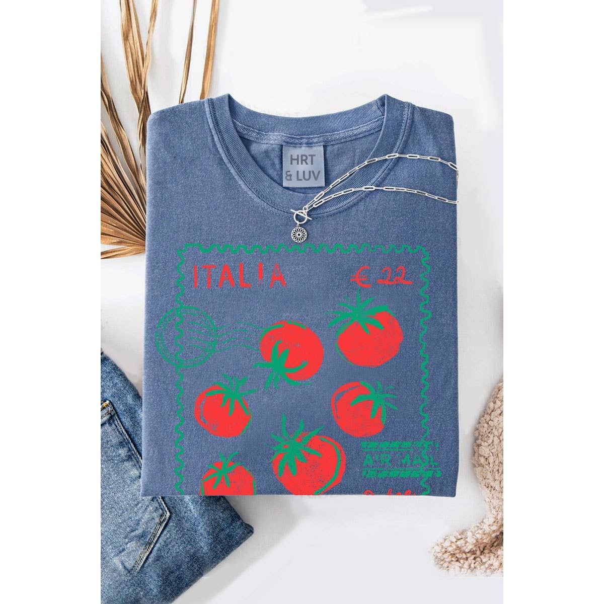 ITALIA AIR MAIL WASHED GRAPHIC TEE: INDIGO / S-M-L-XL(1-2-2-1) - Lulu Bella Boutique