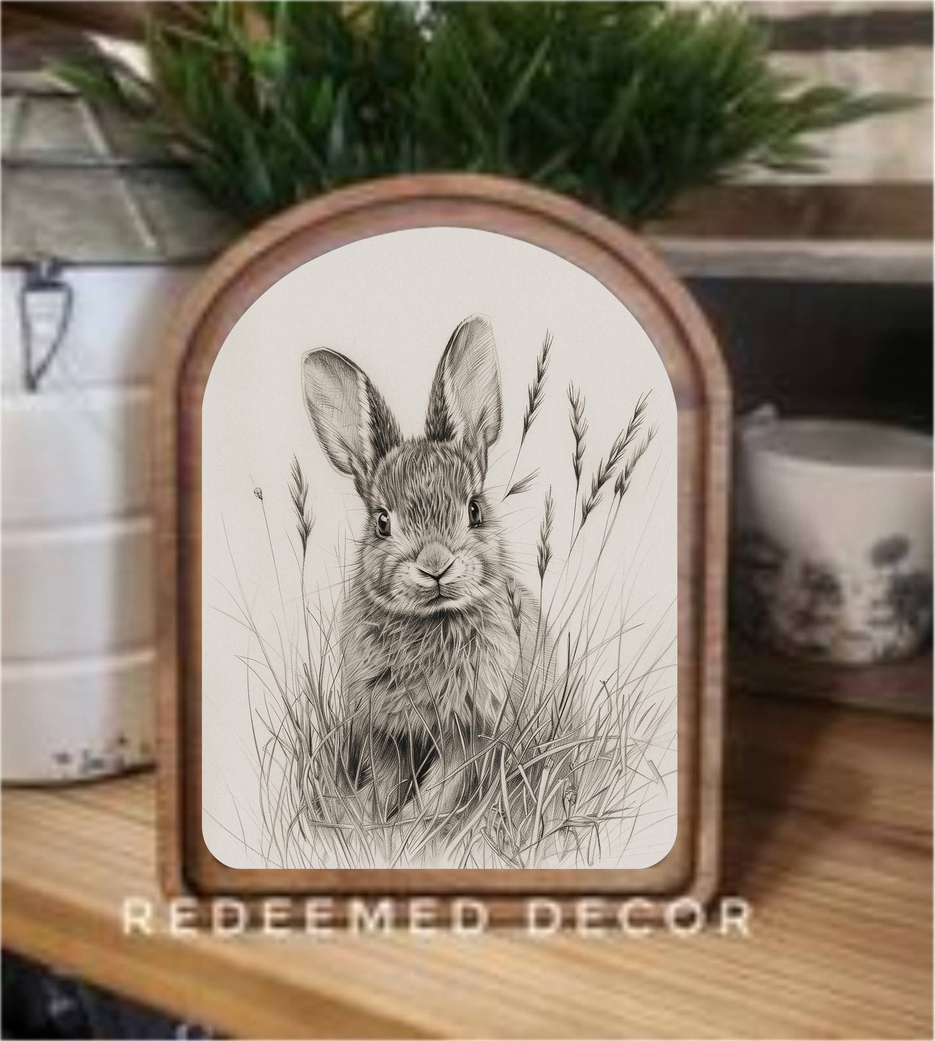 Arch Top Bunny Sketch Framed Art