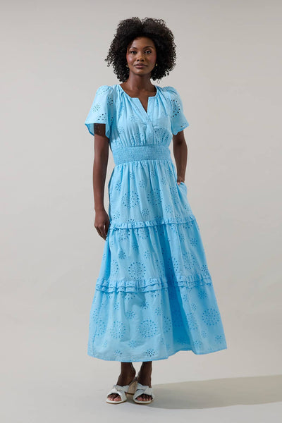 Vanesa Eyelet Palmer Poplin Tiered Maxi Dress: LightBlue - Lulu Bella Boutique