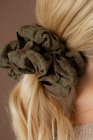 Dark Olive Floral Jumbo Scrunchie - Lulu Bella Boutique