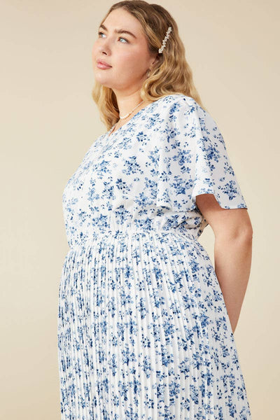 Womens Ditsy Floral Pleated Skirt Dress: Blue - Lulu Bella Boutique