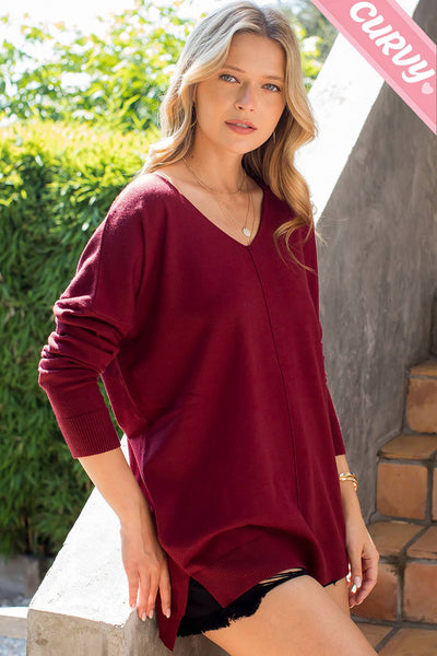 PLUS SIZE  COZY KNIT SWEATER HAS V NECKLINE: BURGUNDY / Plus Size / 2XL/3XL