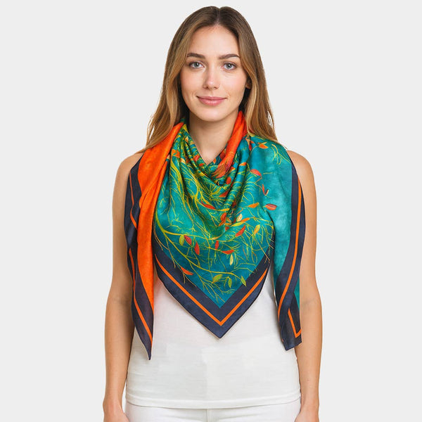 Elegant Silk Botanical Large Square Scarf: Yellow