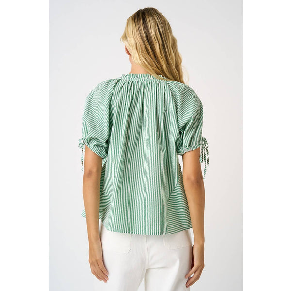 STRIPED RUFFLE NECK SHORT SLEEVE BUTTON DOWN TOP: GREEN / S-M-L(2-2-2) - Lulu Bella Boutique