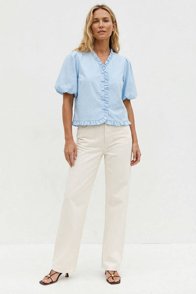 Ruffle Detail Bubble Sleeve Top: Blue / S - Lulu Bella Boutique
