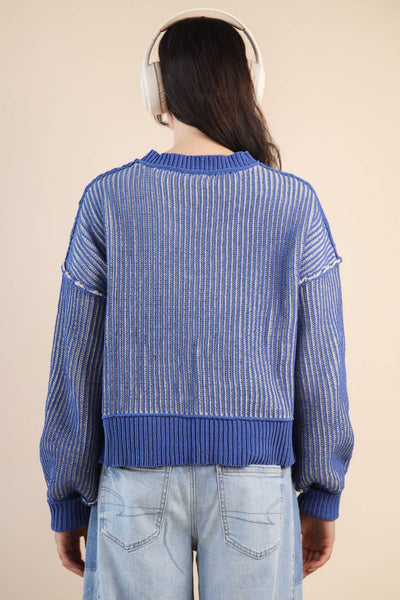 Two Tone Striped Casual Stripe Sweater Top: ROYAL BLUE