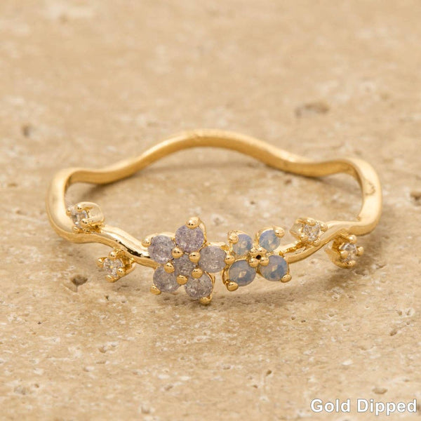 Gold Dipped Cz Wavy Flower Studded Ring: G - Lulu Bella Boutique