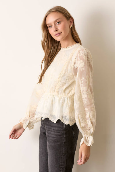 TEXTURED LACE PRINTED LONG SLEEVE TOP: CREAM / S