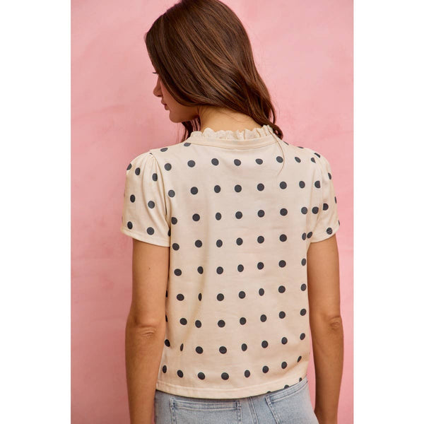 POLK-A-DOT KNIT LACE TRIM ON NECKLINE SHORT TOP: OFF WHITE/BLACK / S - Lulu Bella Boutique