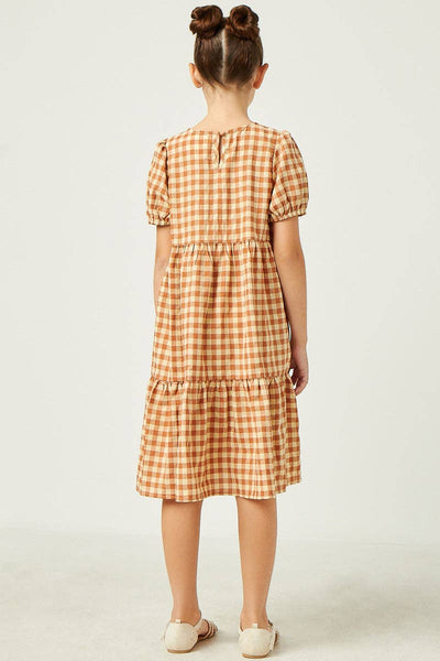 Girls Puff Sleeve Gingham Tiered Dress: Apricot