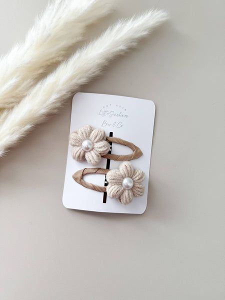 Knit Pearl Flower Hair Clips & Headbands: Cream / Pigtail Set - Lulu Bella Boutique