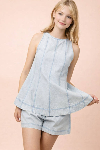 VJT80091SET-VERY JEAN Washed Denim Swing Top & Shorts Set: LT INDIGO / S-M-L/2-2-2 - Lulu Bella Boutique