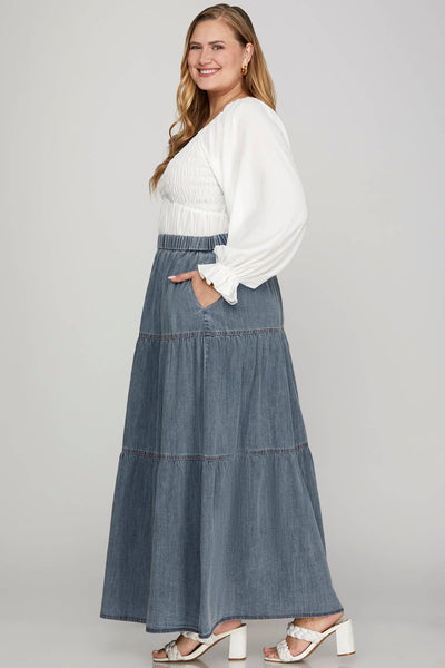 Plus Washed Denim Tiered Long Skirt: DENIM BLUE - Lulu Bella Boutique