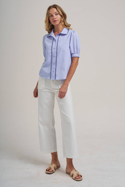 PIN STRIPE BLOUSE TOP WITH SCALLOP EDGE STITCHING DETAIL: BLUE/IVORY / S-M-L(2-2-2) - Lulu Bella Boutique