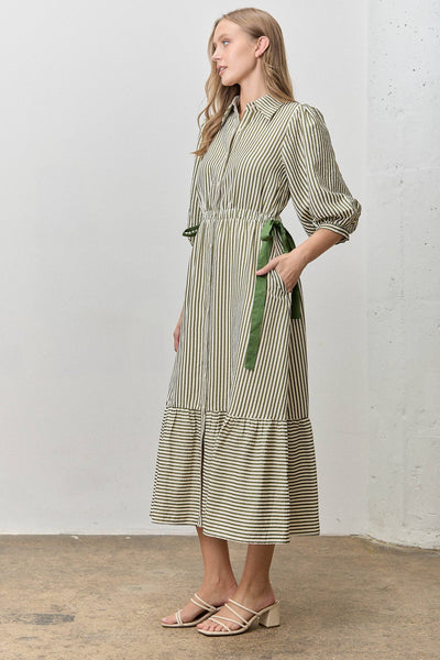 STRIPED CONTRAST SIDE RIBBON MIDI DRESS: OLIVE/CREAM - Lulu Bella Boutique