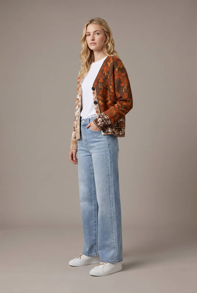 Mixed Floral Jacquard Cardigan: RUST
