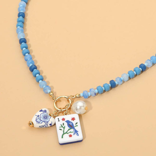 Mahjong Tile Charm Pearl Floral Bead Ball Charm Pendant Beaded Necklace: Gold,Ivory