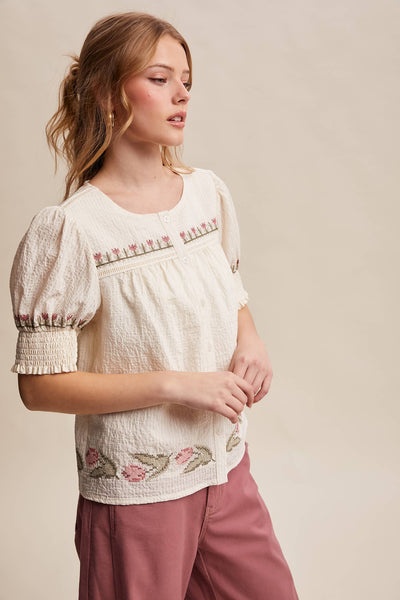 Embroidered Textured Puff-Sleeve Blouse LT1463: Off-White / Contemporary / S - Lulu Bella Boutique